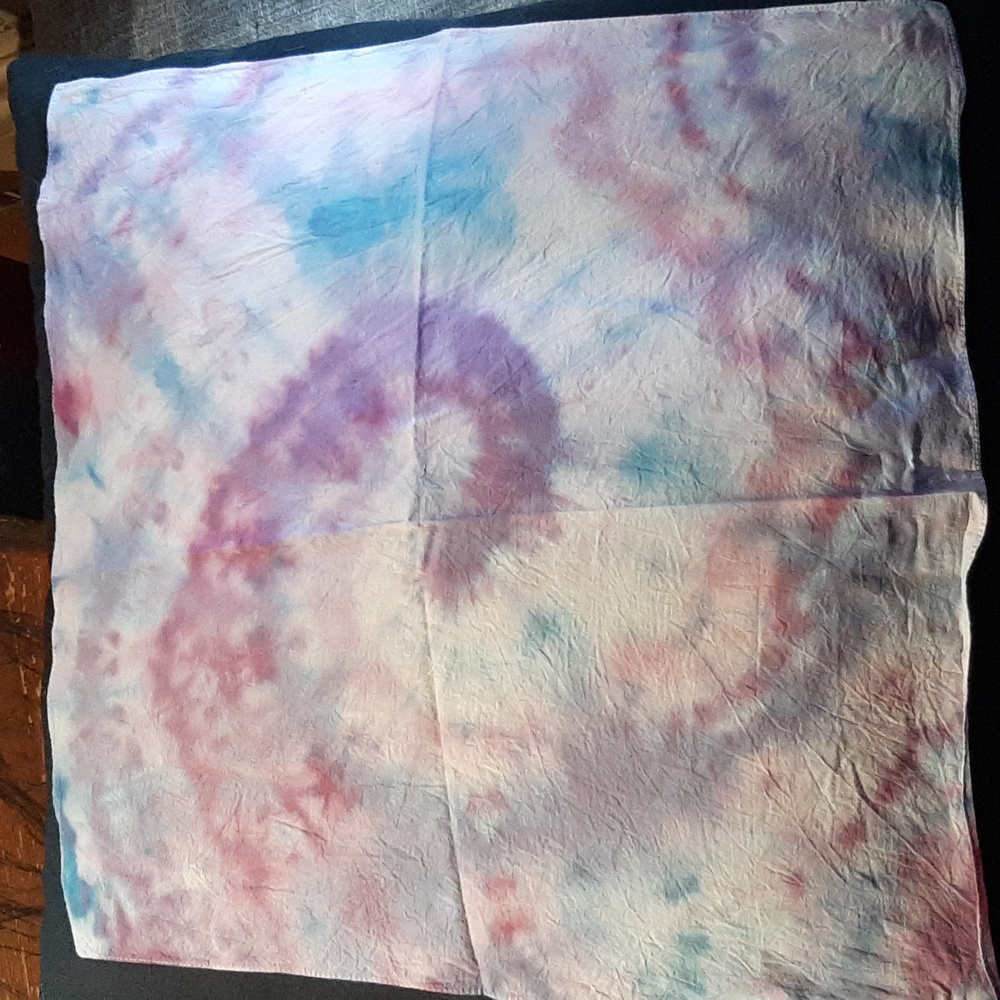 Hand Dyed Bandana. Ice Dyed Spiral, purple and blue